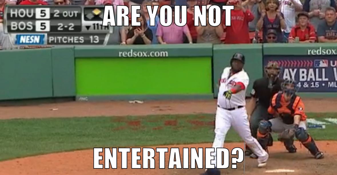 image of Ortiz hitting the walk-off double, with caption ARE YOU NOT ENTERTAINED?